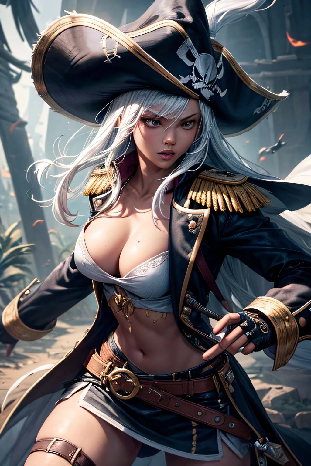 young girl, caribean pirate captain, black skin, white hair, evil look, ripped clothes,combat stance, wielding a sword,  long pirate coat, pirate hat, highly detailed, vibrant appearance, creative behavior, extremly detailed, imaginative, sensual, spontaneous, highest quality, skin texture, intricate details, (cinematic lighting), RAW photo, 8k, masterpiece,best quality,ultra-detailed,very detailed illustrations,extremely detailed,intricate details,highres,super complex details,extremely detailed 8k cg wallpaper,