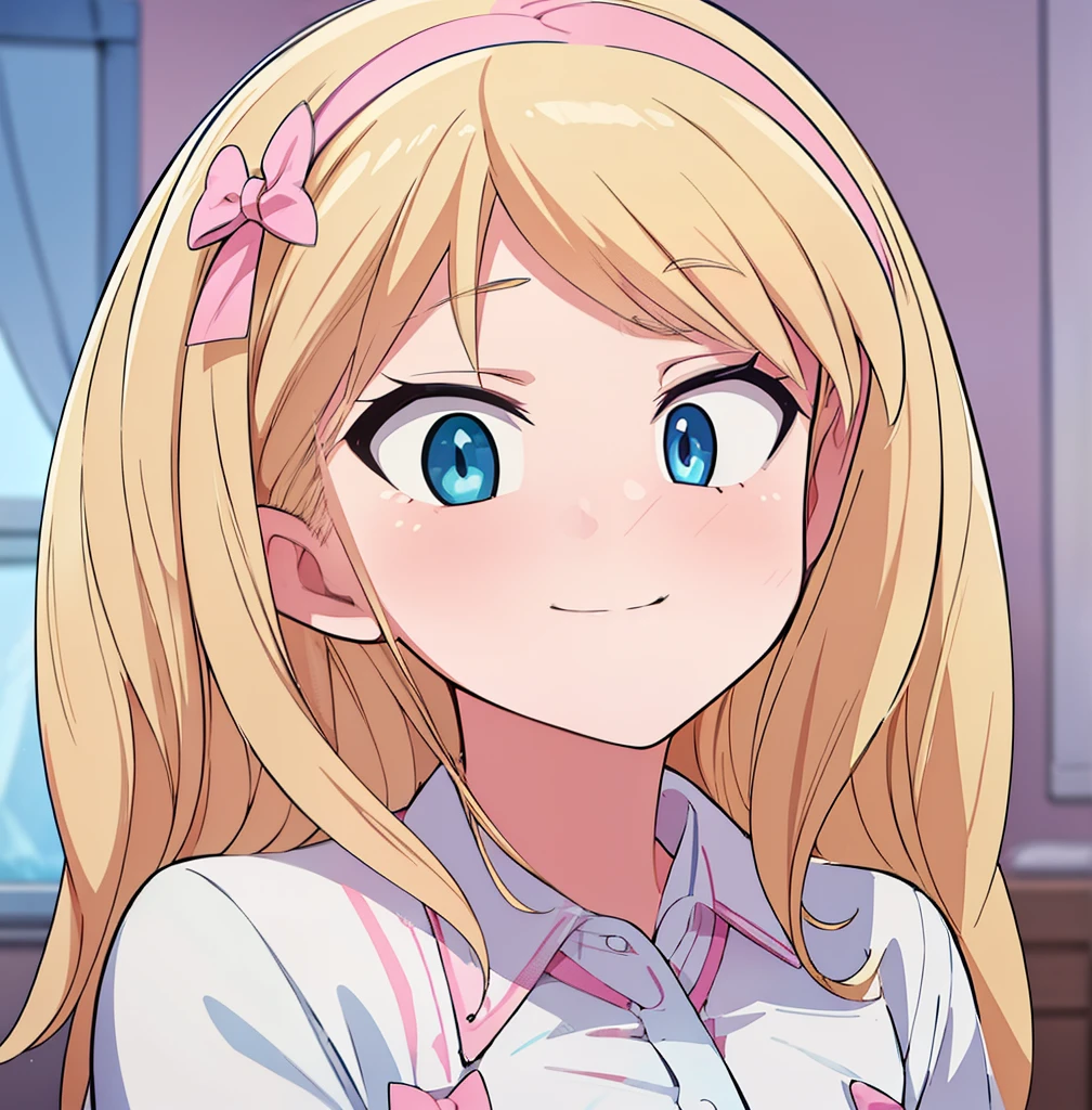 hiquality, tmasterpiece (one girls) . blonde woman. blue eyes. white shirt. ssmile. Pink Bow. pink ribbon on hair. In the background is a room with a nightstand and a bed with a window.............................