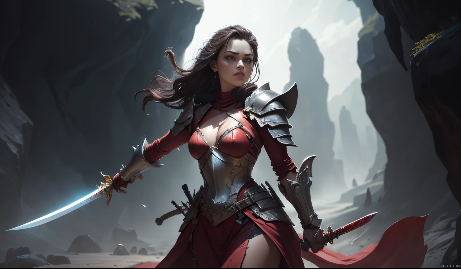 Close-up of a woman with a sword in a cave, she holds a sword, Unlimited blade use, long sword in her hand, with large sword, Dramatic pose with a sword, cinematic keyframe, epic fantasy digital art style, D & d fantasy digital painting, Digital 2D fantasy art, lady in red armor, swinging a powerful sword