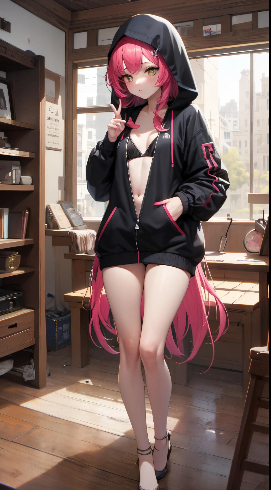 mona, decote, apalpando os seios, sorriso sexy, (alta qualidade, 8k, obra prima, qualidade ultra, extremamente detalhado, bem colorido, no blurries, foco absoluto, impeccable quality) 1girl, highleg panties, hooded jacket, open jacket, hands, bikini, best quality, highly detailed