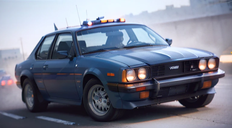 dark grayish-blue police car in motion, urban, 1980s, front right view, ultra realistic, cinematic style, worm colors, 8K, HD