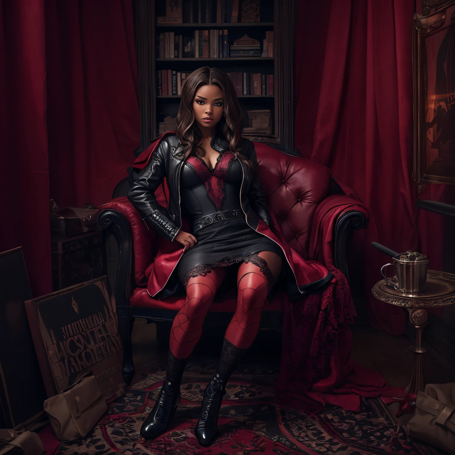 extremely detailed photo of a black woman, scarlet witch, avengers, wearing black lace dress, open red leather jacket, black pantyhose, 8k uhd, RAW photography, model photoshoot