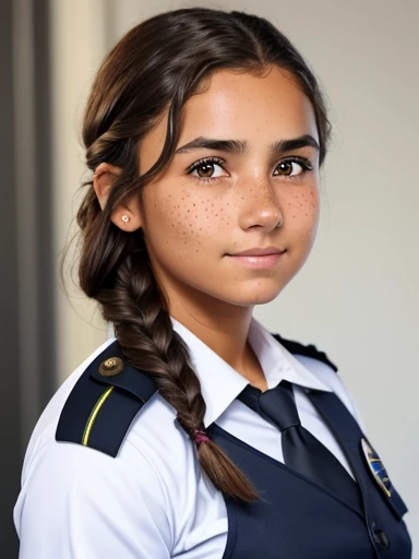 1girl. Tan skin, freckles on nose, freckles on cheeks, dark brown hair, wavy hair, hair braid, dressed as police officer, full body, wide angle,