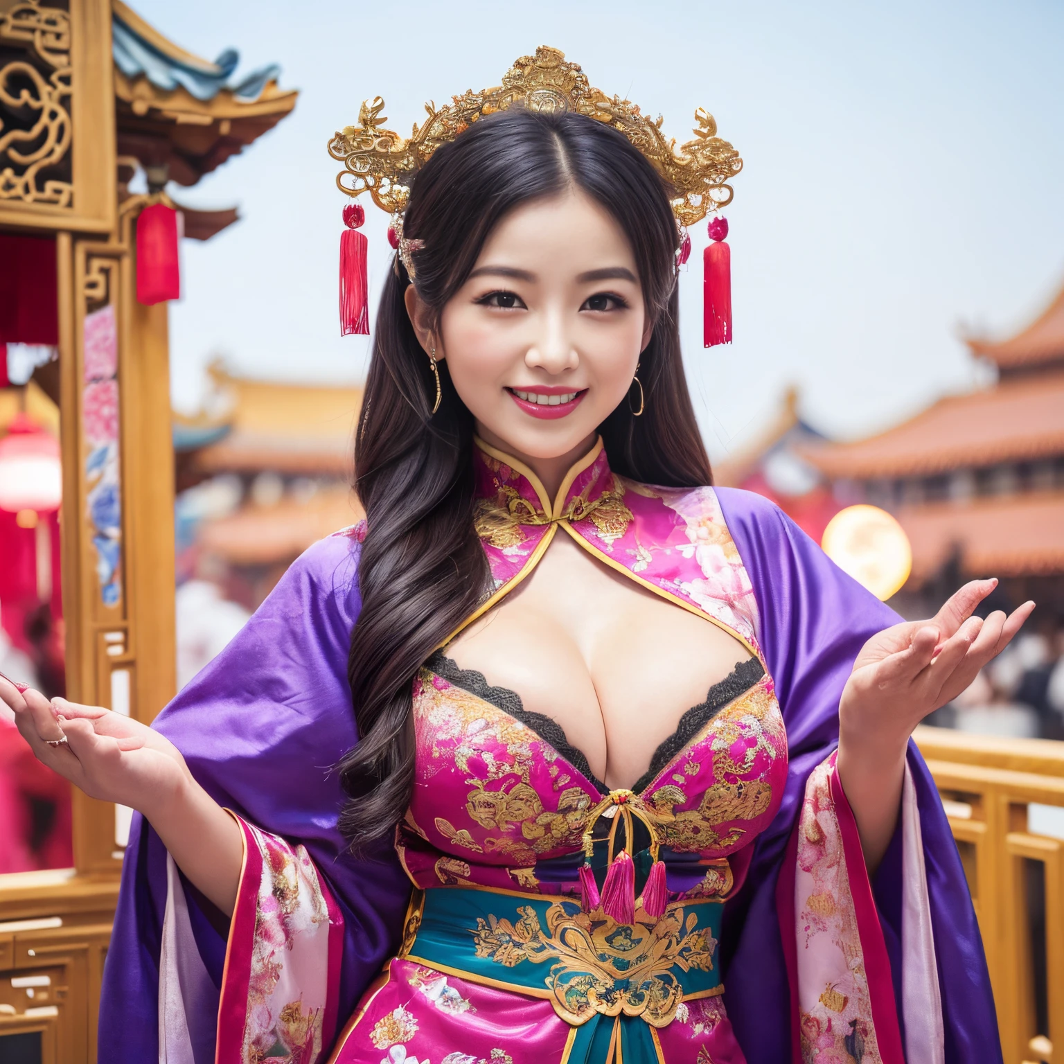 ((top-quality、masutepiece、8K、Top image quality、Highly complex and detailed depictions))、(The most gorgeous Chinese whore goddess:1.5)、(40 years、A MILF、Wrinkles on the face、Very bright、very saturated)、Chinese garrison house at night、((The most gorgeous prostitution goddess huge costume、the most vivid and luxurious costumes、big long costume、The most luxurious and huge garrison、An unimaginably luxurious garrison、purple and pink garrison、It is depicted against the background of a huge and luxurious garrison.、Huge Guru House at midnight、Very complex decoration、very clear garrison))、(View me、Bewitching smile、Perfect makeup、long eyelashes、pink lipsticks、Pink eyeshadows、perfect anatomia、Biggest smile)、(Clear background of huge garrison:1.3)