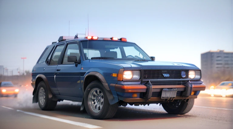 dark grayish-blue police suv, in motion, urban, 1980s, front right view, ultra realistic, cinematic style, worm colors, 8K, HD