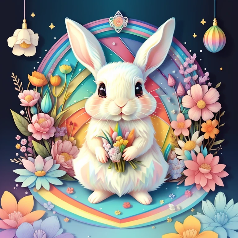 (cute  rabbit with flowers and a rainbow), Munchkin ,Geometric multidimensional wall portrait, livro de arte, Tchibi,
Yang08k, Beautiful, Colouring,
Obras, of the highest quality, best quality, Arte Oficial, Beautiful and Aesthetic,