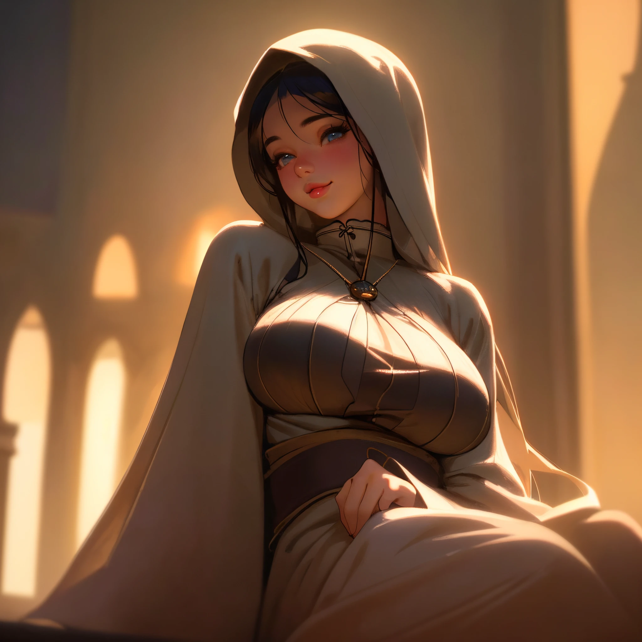 A girl with big breasts wearing a Monja outfit, in a seductive pose, with a teasing smile, against a dark background. She has beautifully detailed eyes and lips, long eyelashes, and a captivating expression. The artwork is done in a realistic style, resembling a high-quality photograph. The color tone is dark and sultry with warm and sensual lighting. The image quality should be the best, with ultra-detailed features and vivid colors. The emphasis is on the girl's alluring figure and her sensuality, creating a masterpiece that exudes NSFW vibes.