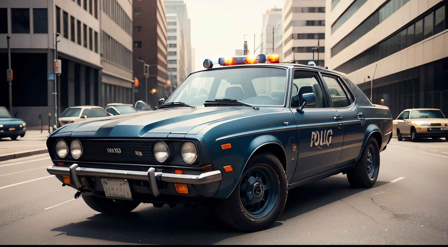 dark grayish-blue police car in motion, urban, 1970s, front right view, ultra realistic, cinematic style, worm colors, 8K, HD