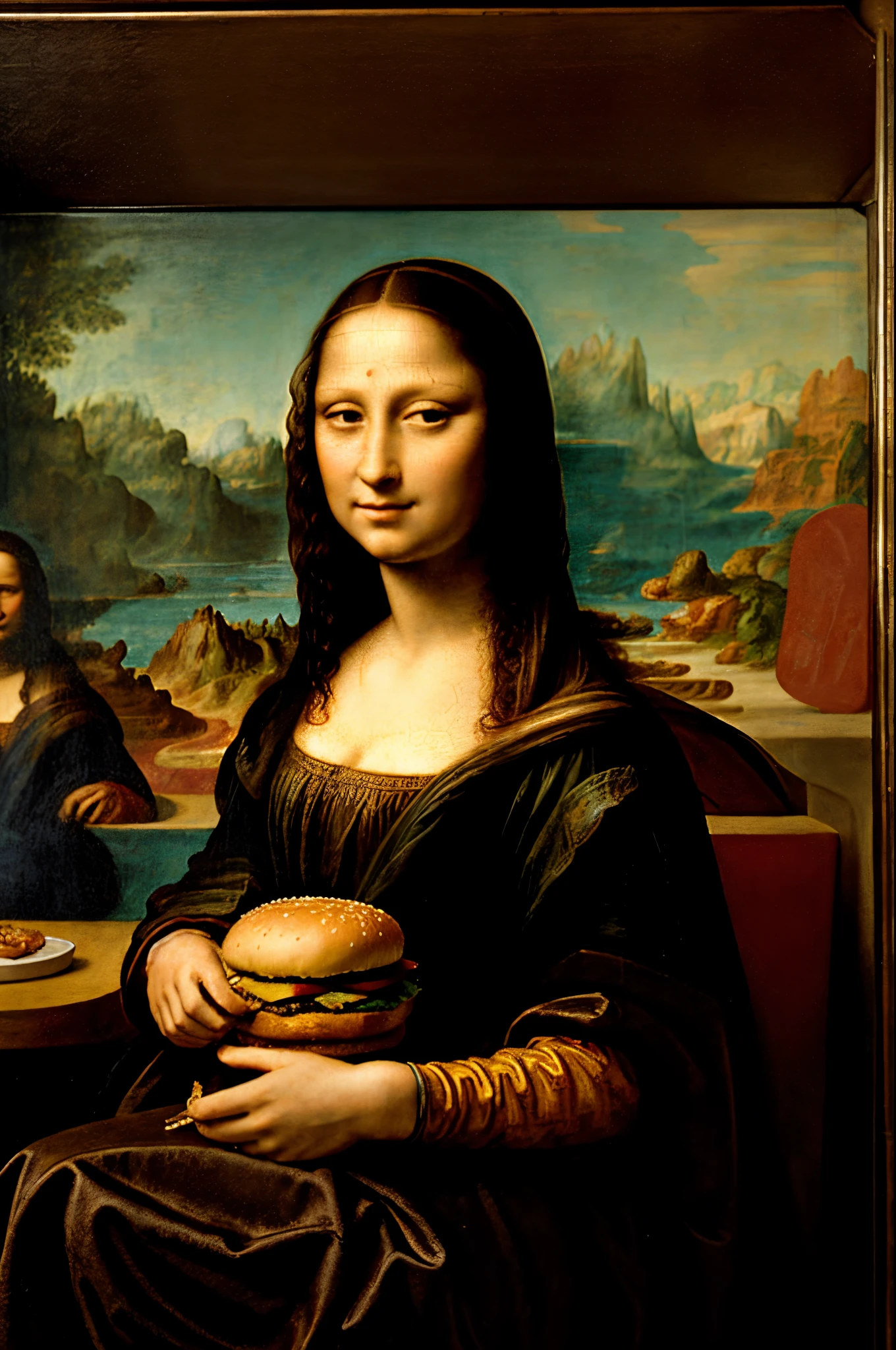 mona lisa eating a burger in a modern diner