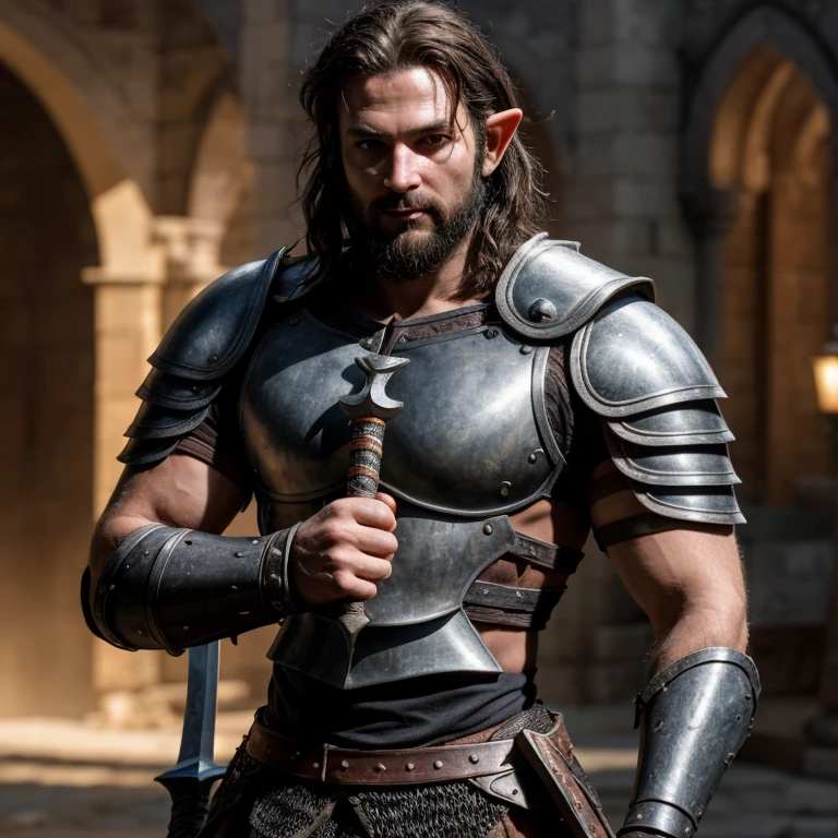 medieval elf warrior, athletic body, messy black hair, short beard, detailed chainmail armor, holding two longswords, detailed swords, sharp chin, (best quality,4k,8k,highres,masterpiece:1.2), ultra-detailed, realistic:1.37, HDR, studio lighting, vivid colors, portraits, landscape, sharp focus, physically-based rendering, bokeh, warm color temperature, dramatic lighting