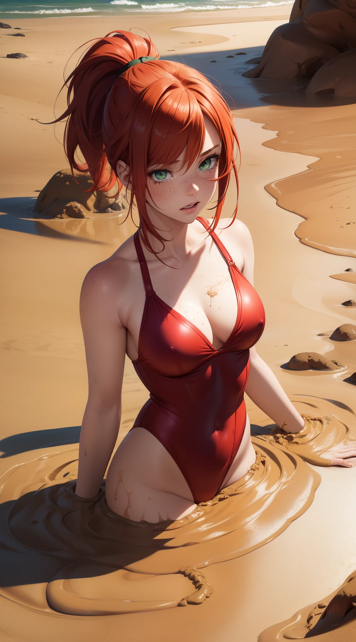 1girl, natural lighting, masterpiece, highly detailed, illustration, game CG, absurdres, high quality, redhead, green eyes, freckles, glossy lips, ponytail, medium breasts, looking at viewer, red swimsuit, beach, (quicksand:1.4), scared, tears, crying,