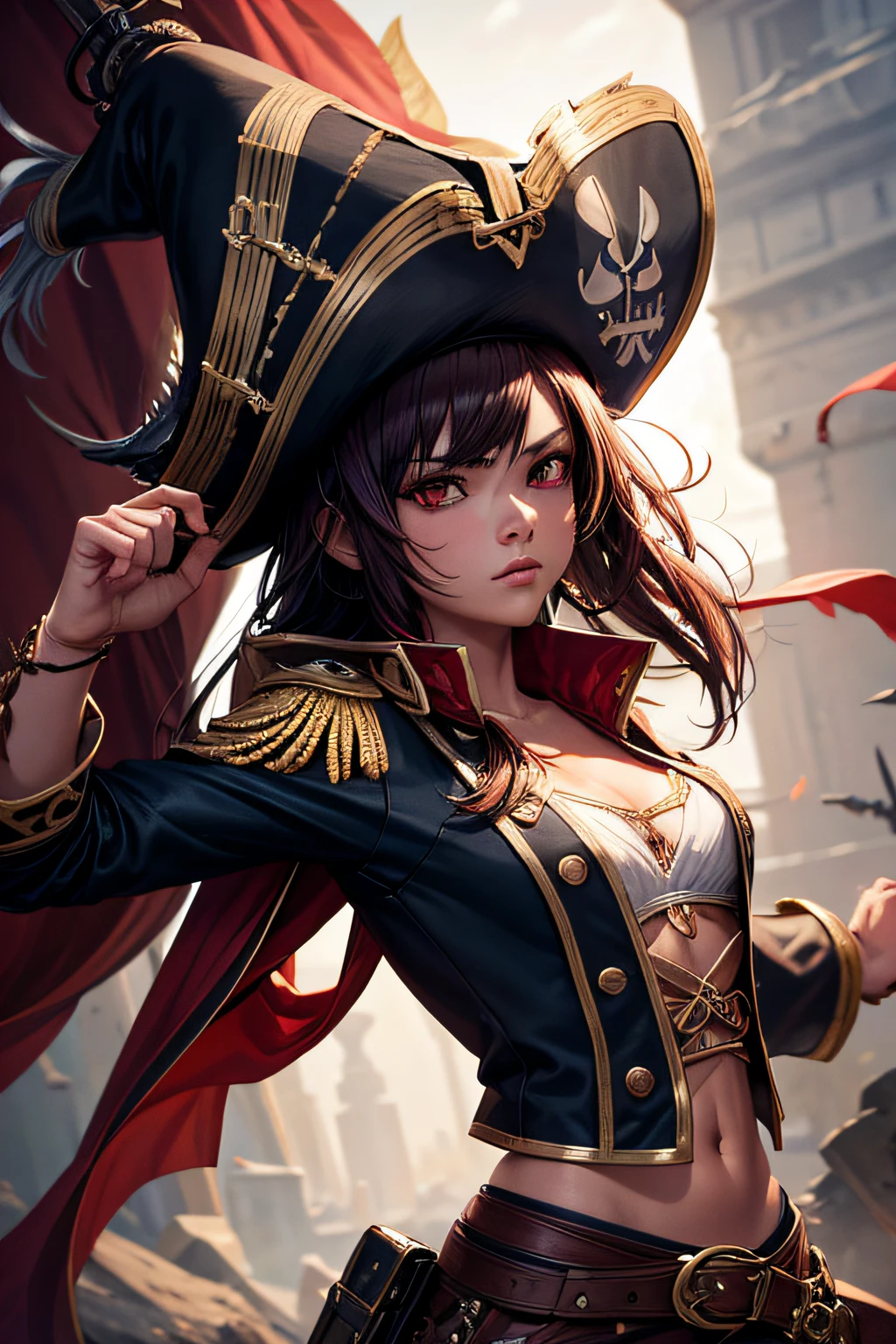 young girl, caribean pirate captain, Thai girl, dark crimson hair, evil look, ripped clothes,combat stance, wielding a sword, long pirate coat, pirate hat, highly detailed, vibrant appearance, creative behavior, extremly detailed, imaginative, sensual, spontaneous, highest quality, skin texture, intricate details, (cinematic lighting), RAW photo, 8k, masterpiece,best quality,ultra-detailed,very detailed illustrations,extremely detailed,intricate details,highres,super complex details,extremely detailed 8k cg wallpaper,