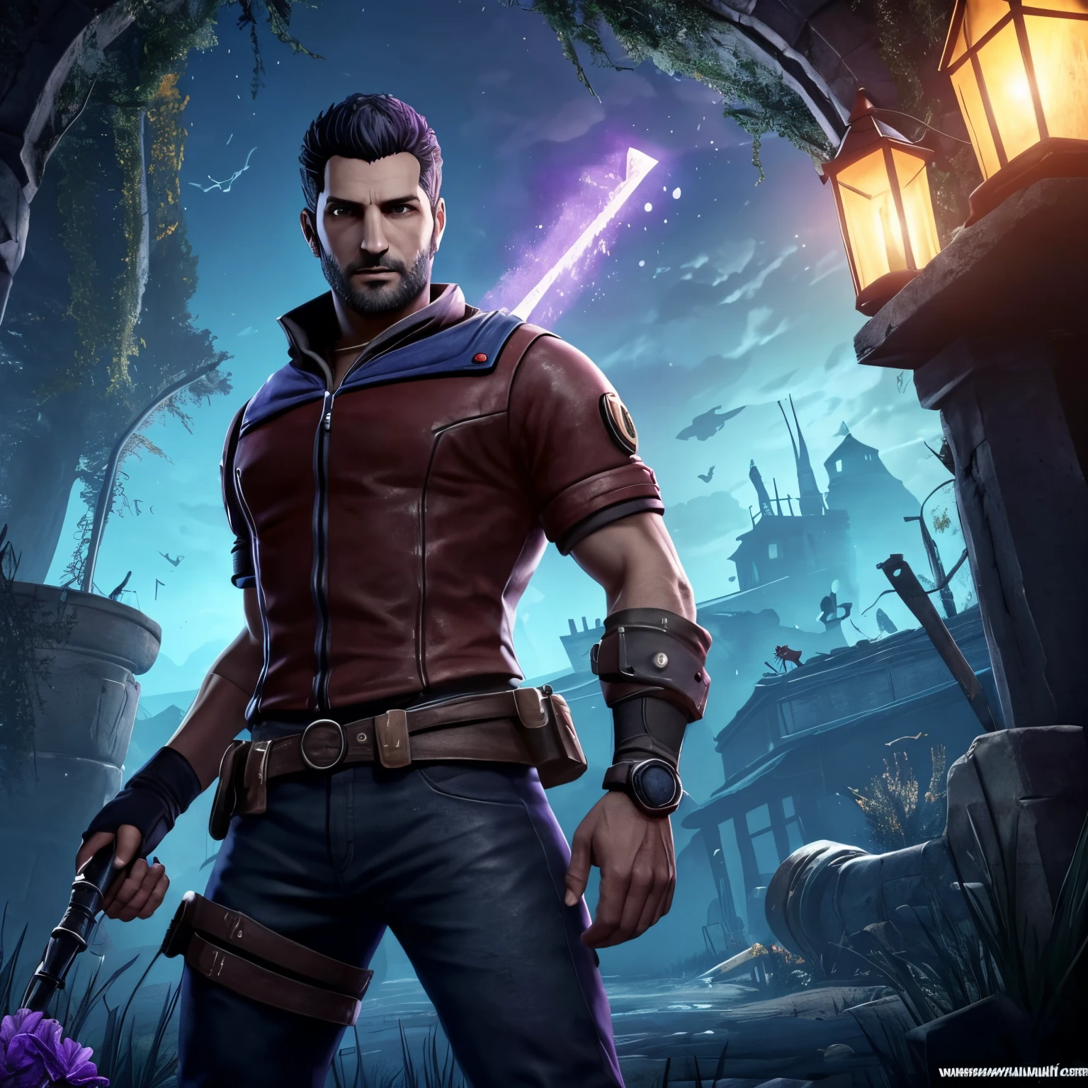 Vittorio du jeu dead by daylight. Il tient dans ses bras un pengwing du jeu subnautica bellow zero, le fond est une nuance de noir et de violet. L'homme lève la tête vers le haut avec un air paisible et déterminé. Il est torse nu et des glyphes couleur lave jonchent son torse.