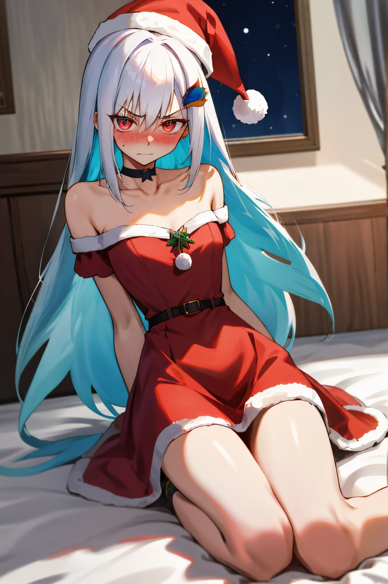 One girl with long hair, white hair, blue inner hair, looking at viewer, embarrassed, blushing, tears, indoor , bedroom, bare shoulder, santa dress, red dress, santa hat, thigh, slim, dizzy, choker, mid-chest, wide hips, perfect waist, spread legs, night atmosphere, hair ornament, kneeling pose, (embarrassed:1.0)
