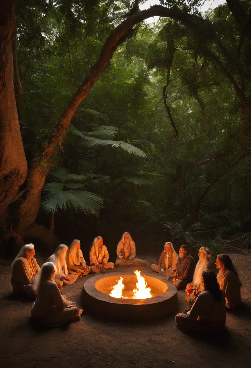 A group of participants sitting in a sacred circle, ready for the Ayahuasca ceremony,original,piercing, insightful eyes that reflect a lifetime of understanding the mind’s mysteries, and lengthy, silver hair that flows like a river down his back, complementing his earth-toned robes adorned with symbols of the natural world. His skin bears intricate tattoos, each a testament to a particular plant or psychedelic compound he has mastered. , male