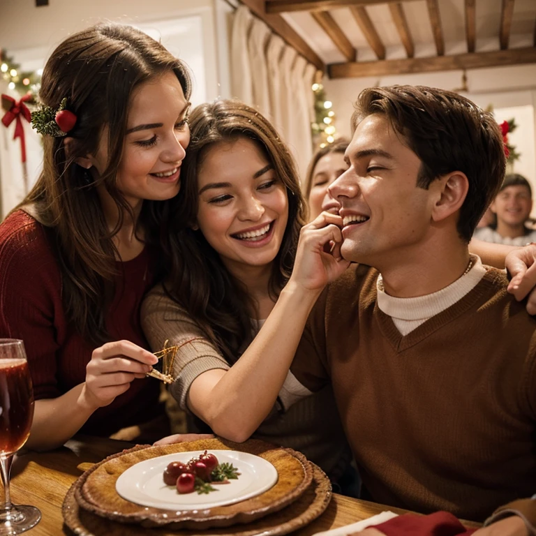 "Describe a warm scene of a family gathered during the Christmas party. Detail the decoration, expressions of joy and moments shared between family members."