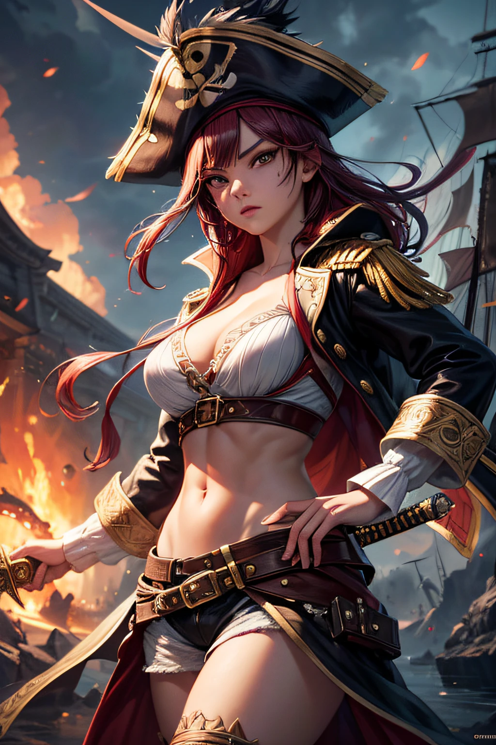 young girl, caribean pirate captain, asian girl, dark crimson hair, evil look, ripped clothes,combat stance, wielding a sword,  long pirate coat, pirate hat, highly detailed, vibrant appearance, creative behavior, extremly detailed, imaginative, sensual, spontaneous, highest quality, skin texture, intricate details, (cinematic lighting), RAW photo, 8k, masterpiece,best quality,ultra-detailed,very detailed illustrations,extremely detailed,intricate details,highres,super complex details,extremely detailed 8k cg wallpaper,