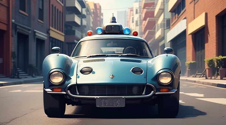 dark grayish-blue police car, in motion, urban, 1970s, front right view, ultra realistic, cinematic style, worm colors, 8K, HD
