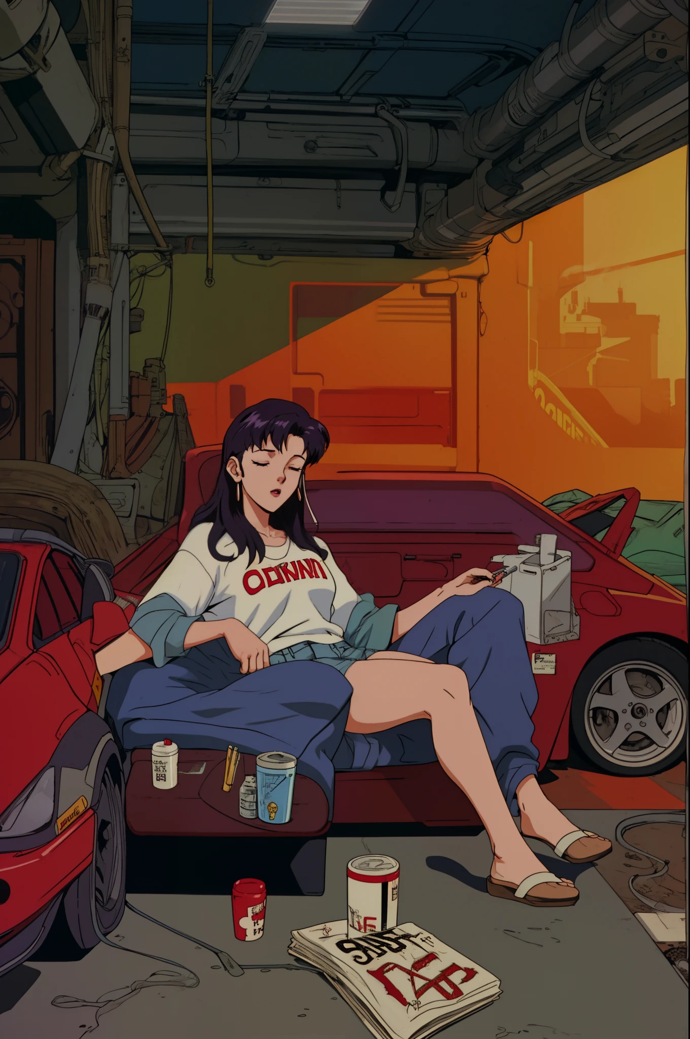80s citypop JDM scene with a underground tokyo drift female stoner stoned smoking cig biss blissful passed out in causal clothing casual recline on ferrari f50 lofi vibe  evangelion anime style