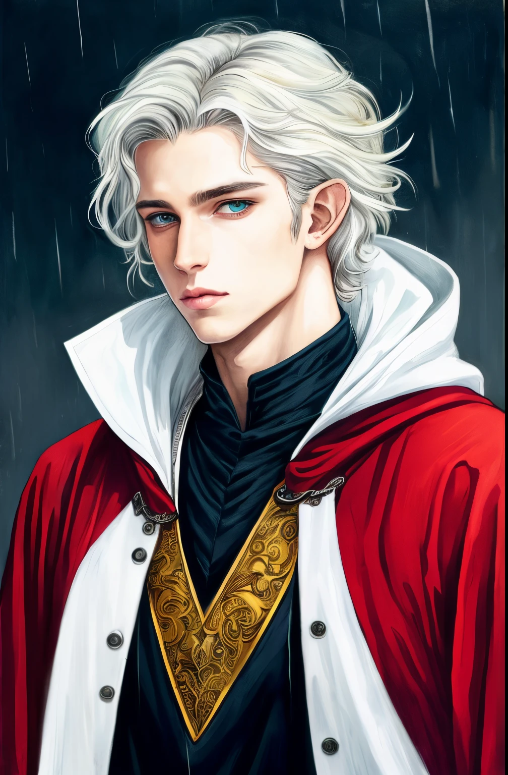 on the street a man with white hair and a raincoat, graphic artist magali villeneuve, Portrait of a magical blond prince, fantasy male portrait, magali villeneuve', a portrait of a male elf, handsome guy in demon slayer art, portrait of fin wildcloak, inspired by Magali Villeneuve, portrait of a young elf wizard