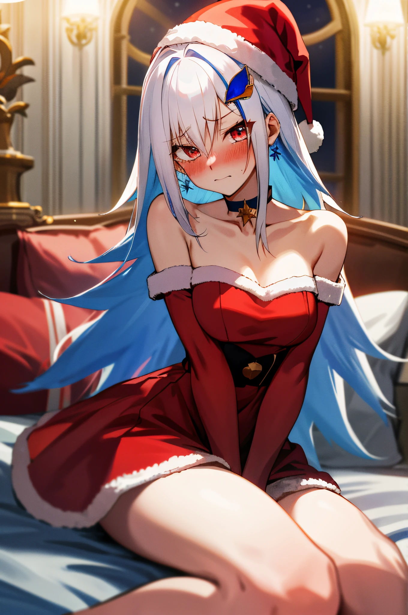 One girl with long hair, white hair, blue inner hair, looking at viewer, embarrassed, blushing, tears, indoor , bedroom, bare shoulder, santa dress, red dress, santa hat, thigh, slim, dizzy, choker, mid-chest, wide hips, perfect waist, spread legs, night atmosphere, hair ornament, sitting, kneeling pose, (embarrassed:1.0)