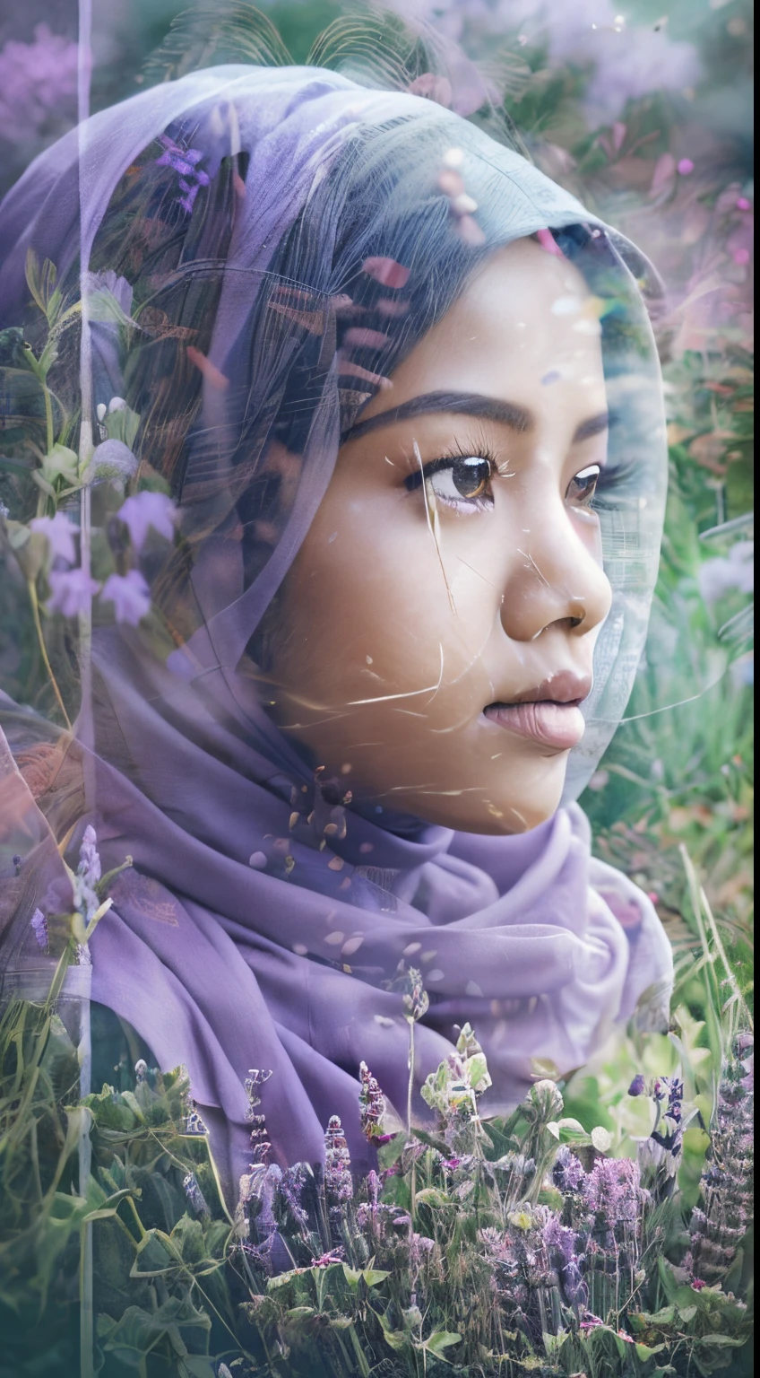 Combine a portrait of a malay girl in hijab with a beautiful lavender garden landscape and kids, creating a harmonious double exposure effect, double exposure drama poster style, poster, drama, drama tittle,