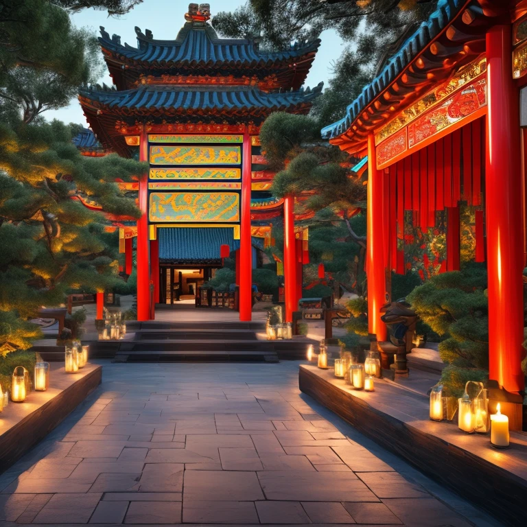 (Chinese Pavilion:1.3), (China Theme Park:1.2), trip, Frosted Cranberry Red, Warm Candlelight Gold, Silver Pine Green, Porcelain White, BREAK, intricate, (best quality, masterpiece, Representative work, official art, Professional, unity 8k wallpaper:1.3)