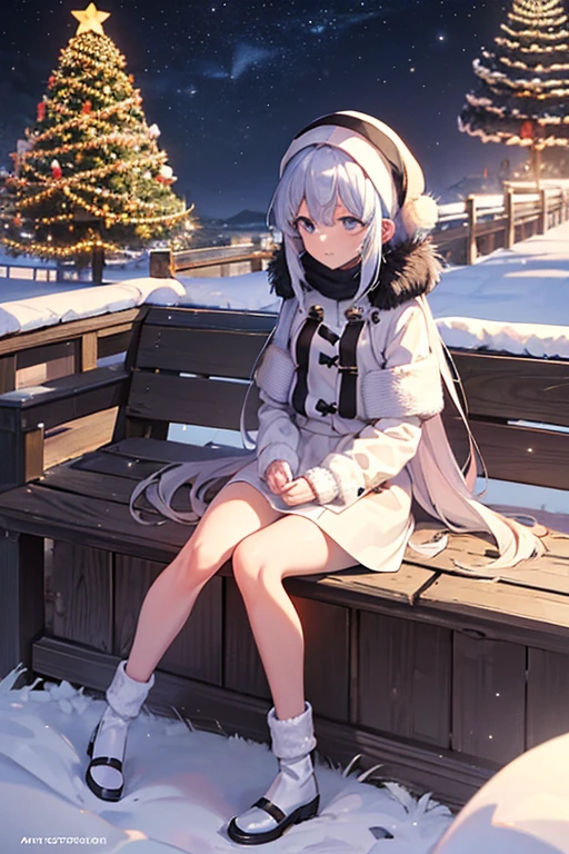 Girl looking at the tree, anime, illustration, masterpiece, highest quality, absurd, high resolution, 8K, (detailed background),
air., landscape, (winter: 1.3), (night sky: 1.5), Christmas tree, wide shot, plateau,