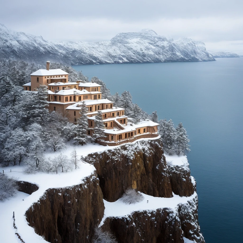 a mansion on top of a cliff with a beach below it but it’s snowing