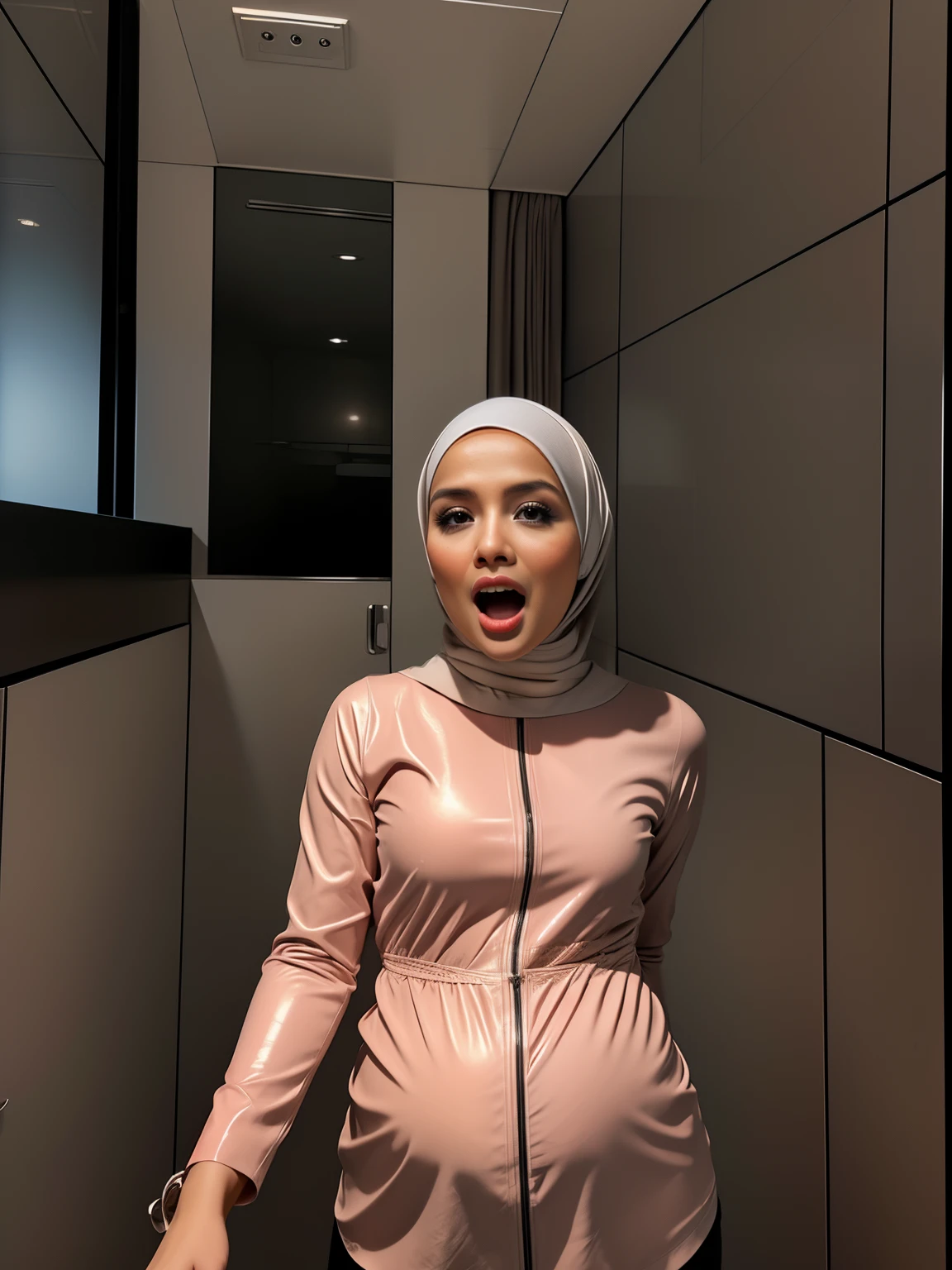 PREGNANT HIJAB MALAY GIRL,, IMF as a good Guy, TECHNOLGY, AI, futuristic, blockchain, International Monetary Fund, (MATRIX WORLD), ((look In front at the camera and open your mouth)).