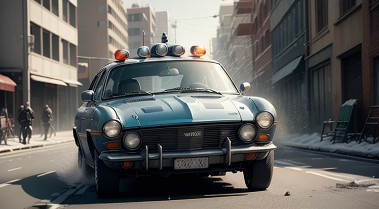 dark grayish-blue police car, in motion, urban, 1970s, front right view, ultra realistic, cinematic style, worm colors, 8K, HD