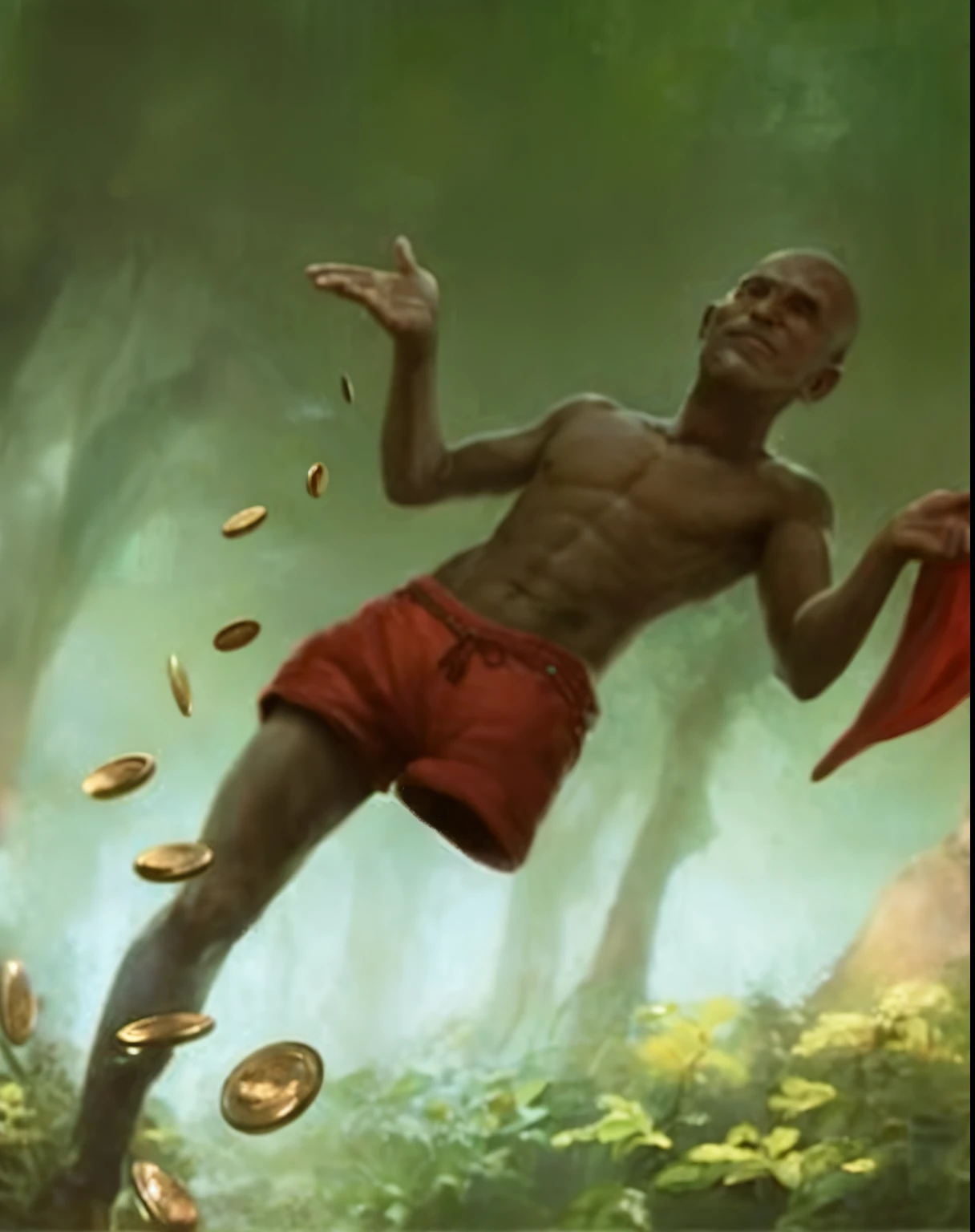 painting of a man in red shorts and red shorts is throwing coins, Rob Rey, arte conceitual de um monge, John the Baptist Monk, Golgari FindBroker, Da magia o encontro, Directed by: Daryush Shokof, Jean - Baptiste Monge, personification of greed, Magic the Gathering Card Art, Monge Jean-Baptiste Monge