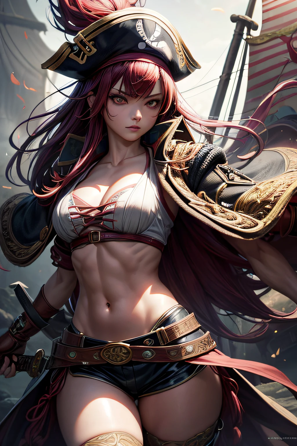 young japanese girl, caribean pirate captain, dark crimson hair, evil look, ripped clothes,combat stance, wielding a sword, long pirate coat, pirate hat, highly detailed, vibrant appearance, creative behavior, extremly detailed, imaginative, sensual, spontaneous, highest quality, skin texture, intricate details, (cinematic lighting), RAW photo, 8k, masterpiece,best quality,ultra-detailed,very detailed illustrations,extremely detailed,intricate details,highres,super complex details,extremely detailed 8k cg wallpaper,