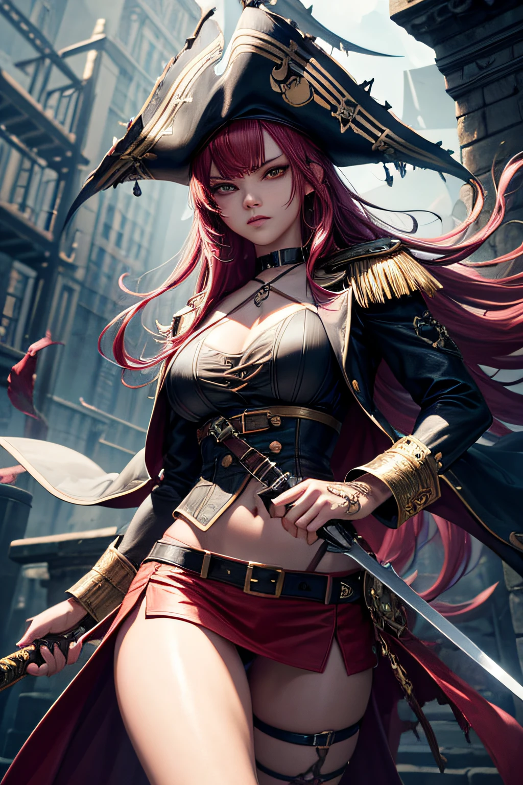 A red hair,Wearing a black hat,Anime girl holding sword in hand, Corsair, pirate queen, Astrie Lohne, portrait, doom, Female Captain, author:Yang J, doom league of legends, Kushat Krenz Key Art Women, 龙骑兵的portrait, artstation pixiv download artgerm