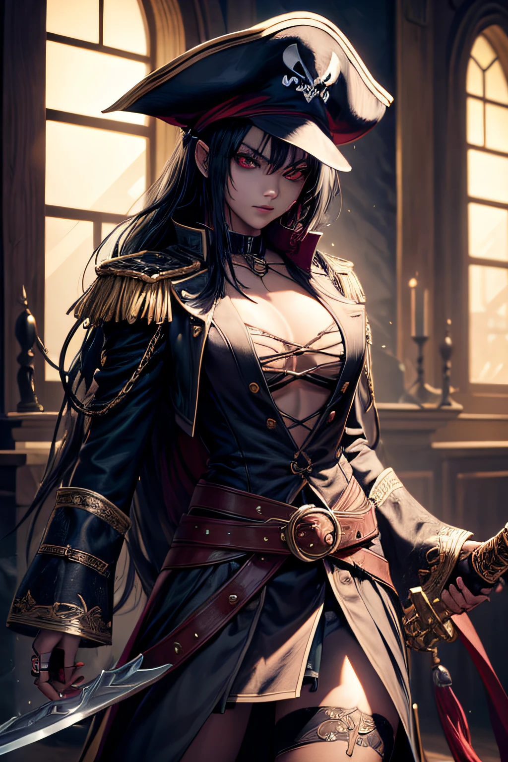 young demonic monster girl, dark pirate captain, evil look, ripped clothes,combat stance, wielding a sword,  long pirate coat, pirate hat, highly detailed, vibrant appearance, creative behavior, extremly detailed, imaginative, sensual, spontaneous, highest quality, skin texture, intricate details, (cinematic lighting), RAW photo, 8k, masterpiece,best quality,ultra-detailed,very detailed illustrations,extremely detailed,intricate details,highres,super complex details,extremely detailed 8k cg wallpaper,