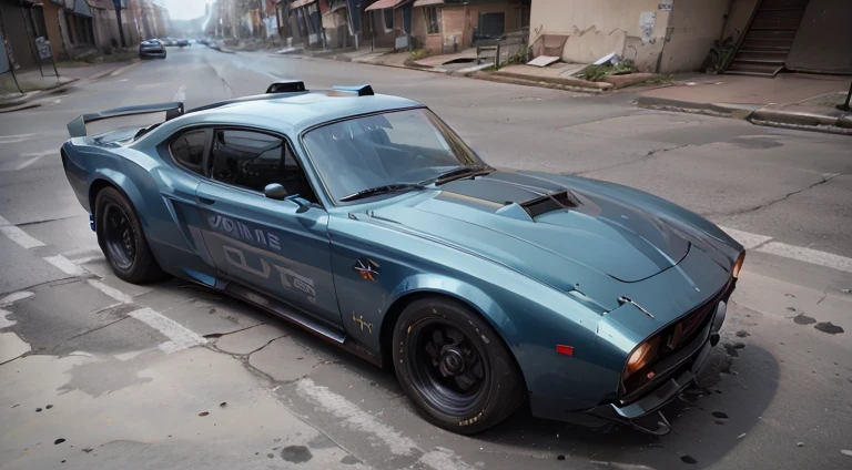 dark grayish-blue police car, in motion, urban, 1970s, front right view, ultra realistic, cinematic style, worm colors, 8K, HD