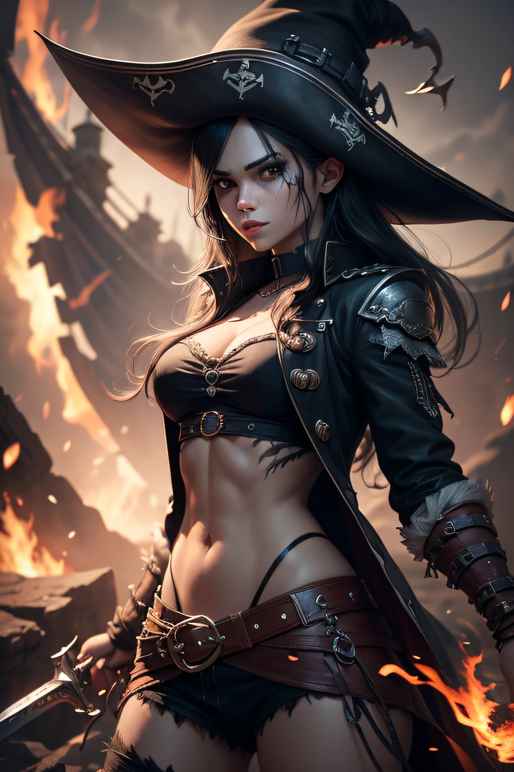 young demonic monster girl, dark pirate captain, evil look, ripped clothes,combat stance, wielding a sword, long pirate coat, pirate hat, highly detailed, vibrant appearance, creative behavior, extremly detailed, imaginative, sensual, spontaneous, highest quality, skin texture, intricate details, (cinematic lighting), RAW photo, 8k, masterpiece,best quality,ultra-detailed,very detailed illustrations,extremely detailed,intricate details,highres,super complex details,extremely detailed 8k cg wallpaper,