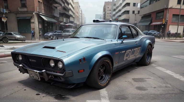 dark grayish-blue police car, in motion, urban, 1970s, front right view, ultra realistic, cinematic style, worm colors, 8K, HD