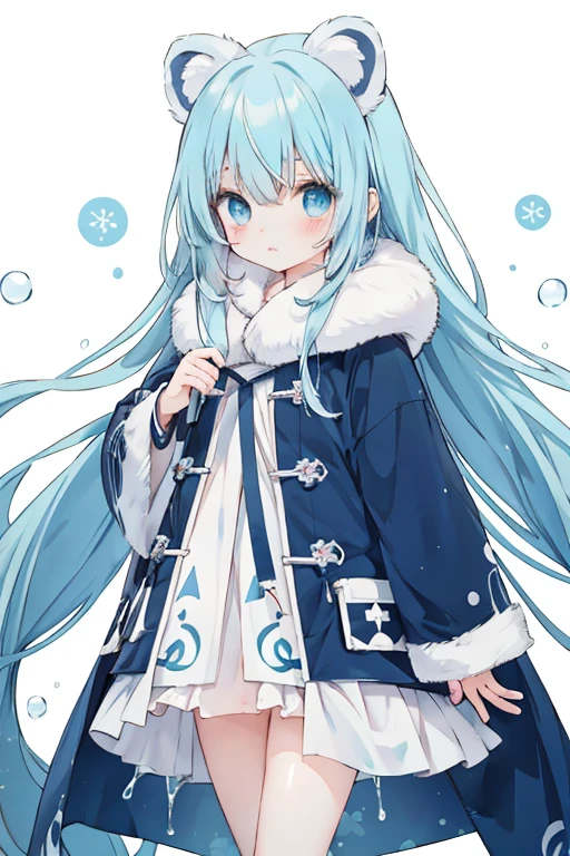 Kawaii Girl,aqua hair,Dark blue eyes,Very long straight hair,Tanuki ears,P coat,Shy face,white liquid dripping down face and legs,Holding a pocket tissue in your hand,Looking at Viewer,White background