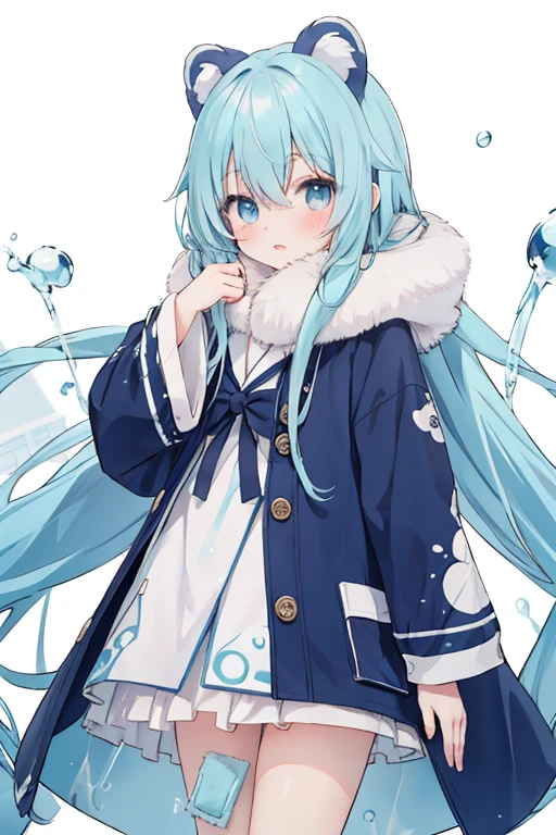 Kawaii Girl,aqua hair,Dark blue eyes,Very long straight hair,Tanuki ears,P coat,Shy face,white liquid dripping down face and legs,Holding a pocket tissue in your hand,Looking at Viewer,White background