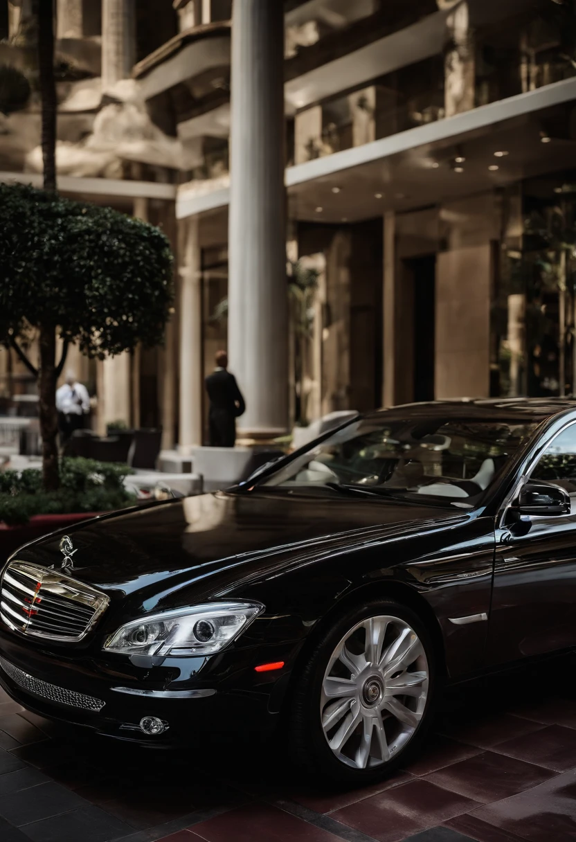 A photo of a high-end luxury car parked in front of a 5-star hotel entrance, with the valet opening the door.,Hitman series,Agent 47 is bald. 47's typical attire consists of a black suit, black leather gloves and shoes, white dress shirt, and a burgundy tie., male