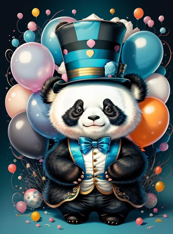 (cute baby panda with a blue top hat with ballons), Munchkin ,Geometric multidimensional wall portrait, livro de arte, Tchibi,
Yang08k, Beautiful, Colouring,
Obras, of the highest quality, best quality, Arte Oficial, Beautiful and Aesthetic,