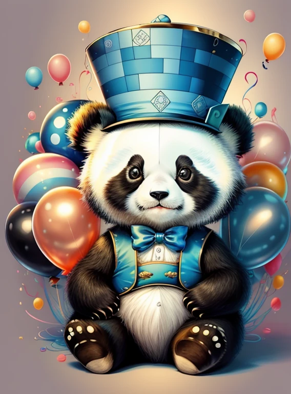 (cute baby panda with a blue top hat with ballons), Munchkin ,Geometric multidimensional wall portrait, livro de arte, Tchibi,
Yang08k, Beautiful, Colouring,
Obras, of the highest quality, best quality, Arte Oficial, Beautiful and Aesthetic,