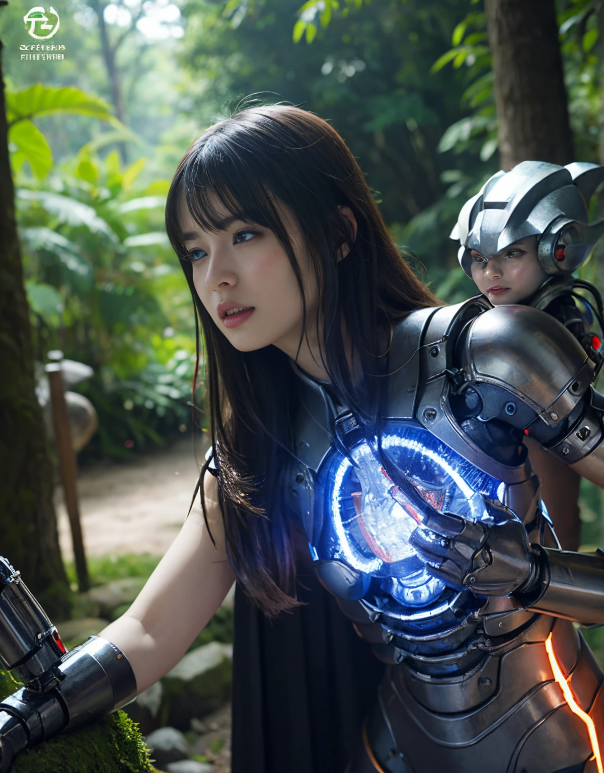 (1 Mechanical Girl)、（Mystical expression）、top-quality、​masterpiece、超A high resolution、(Photorealsitic:1.4)、Raw photo、女の子1人、Fight mutants、glowy skin、(((1 Mechanical Girl)))、（Red Metal Bodysuit）、(Fight goblings、ogre、Fierce battle with orcs),（Fight fiercely against aliens）、Fight fiercely、(beautiful forest background)、(Fighting Demonic Beasts)、(Small LED)、((super realistic details))、portlate、(Strong giant demon beast background),globalillumination、Shadow、octan render、8K、ultrasharp、Colossal tits、Raw skin is exposed in cleavage、red metal、Details of complex ornaments、Japan details、highly intricate detail、Realistic light、(Mystical expression),CGSoation Trends、Blue eyes、radiant eyes、Facing the camera、neon details、(Mechanical limbs)、(blood vessels connected to tubes)、(Wires and cables connecting to the head)、Small LED、,Mechanical thighs、Toostock、（Hands are also made of machines）、（Precipitous cliffs、fortress）、机器人、