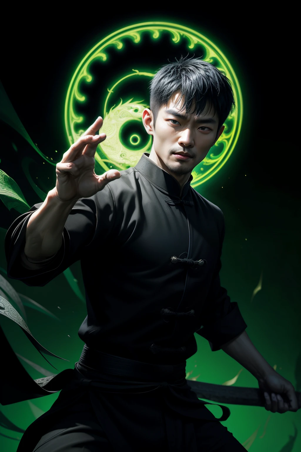 A realistic Chinese man, aged 29, with black hair, very short hair, wearing black and green Jugui, in a kung fu pose, very detailed hands, fractal background, in the background there is the yin-yang symbol, black background , studio lighting, fractal art