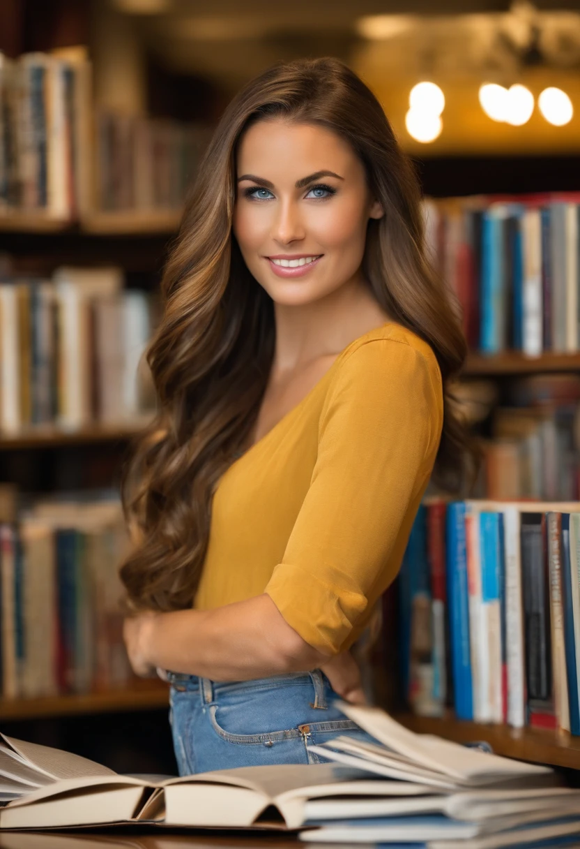 A photo of Samantha browsing through a book about American politics at a local bookstore,original,Samantha Blake, the all-American sorority girl, is strikingly beautiful with long brunette hair and captivating blue eyes. She embodies the picture of youthful vibrancy, often seen with a bright, engaging smile that lights up any room she enters. Her style is effortlessly chic, resonating with the latest fashion trends, making her a style icon on campus., female