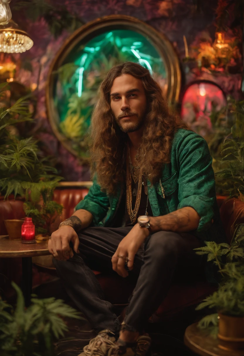 A photo of the character chilling in the trippiest cannabis cafe in town, surrounded by funky decorations and art.,original,long hair, scruffy dressed, always has a bong in hand, male