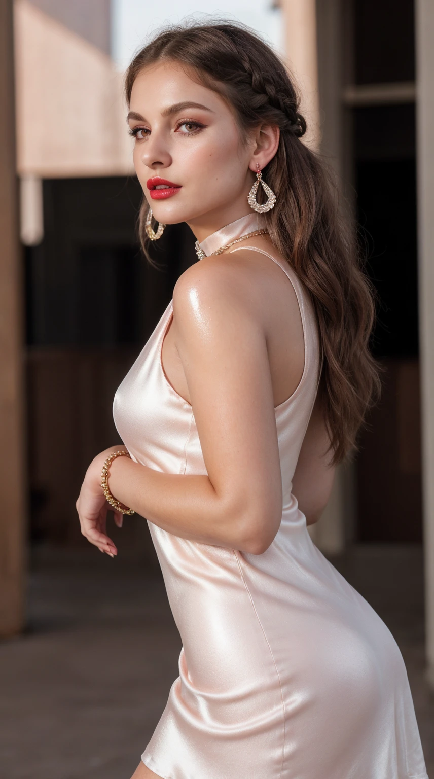 Braid hair, (RAW photo, realism: 1.8), (very Orange lip gloss, dark jet pink lipstick, detailed lips, many eyelashes, dark brown eye, eye shadow, to much shy, to much blushing, high quality, high resolution, blond brown shiny hair, depth of field, chromatic aberration, caustic, wide light, natural colors, 30 year old woman), necklaces, chokers, earrings, bracelets, wear many accessories, silk pink drees, silk blue drees, silk magenta drees, color dress, and white hijab, small breast, soft shiny skin, fair Orange shiny skin, slim shiny nose, beautiful eyes, The Casual Hip Stance poses, 8k results, high resolution, realistic,
