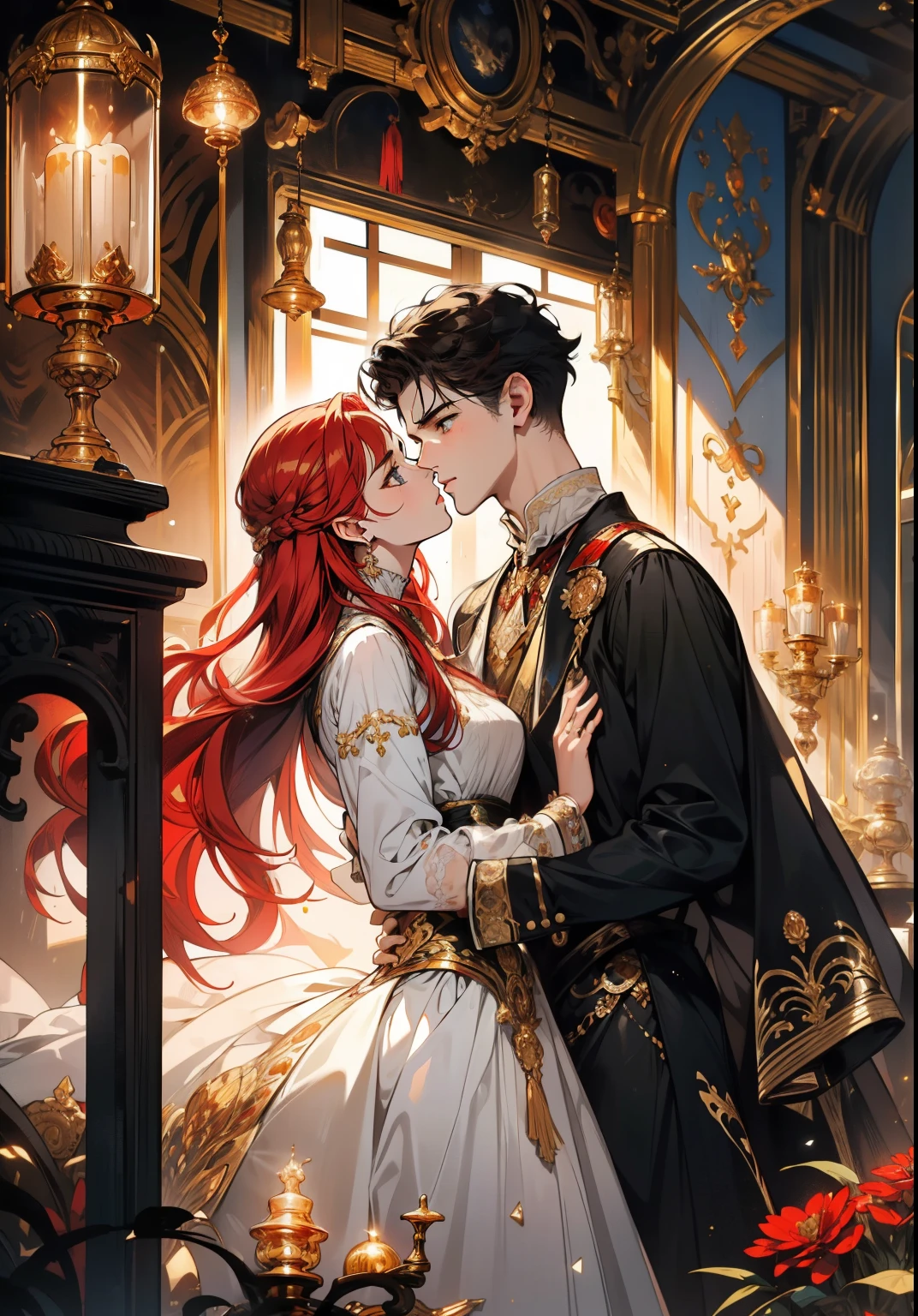 ((masterpieces)), best quality, exceptional illustration, a couple kissing, soft focus, 1 boy with short black hair, BLUE EYES, 1 girl with long wavy red hair, GOLDEN YELLOW EYES, Victorian clothing, Victorian romanticism, opulent and exquisite atmosphere, soft light and warm lighting.