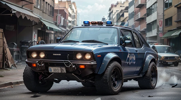 dark grayish-blue police 4x4 car, in motion, urban, 1980s, front right view, ultra realistic, cinematic style, worm colors, 8K, HD